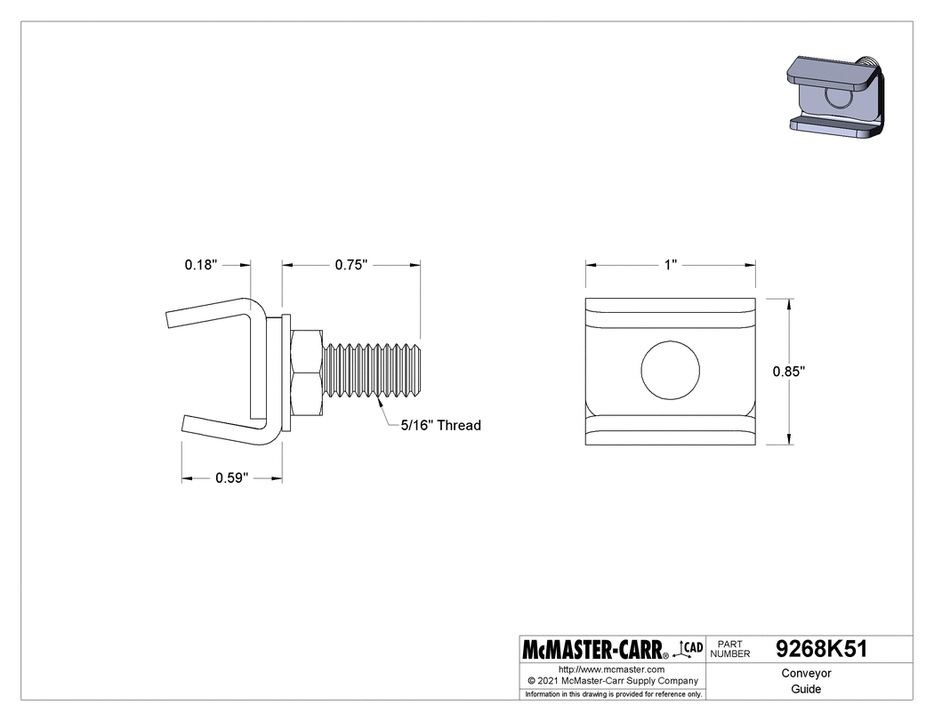 Technical Drawing of Conveyor Guide Clamp for 1 Line, 1" Wide, 0.85" High.